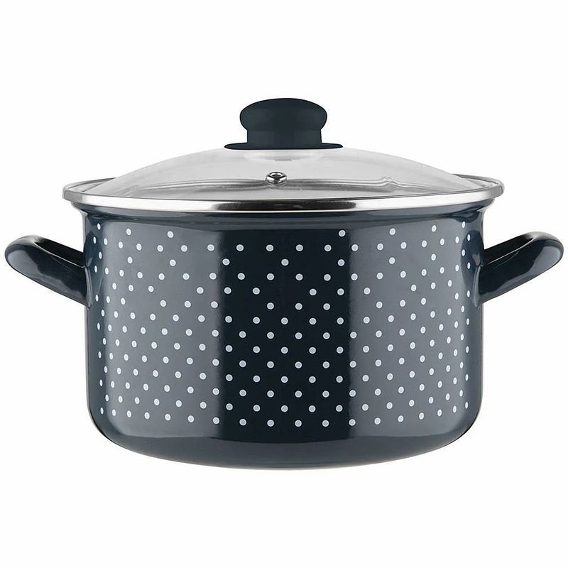 Foto van Emalia retro dark blue klassieke geëmailleerde kookpan met glazen deksel 16 cm 2.1l