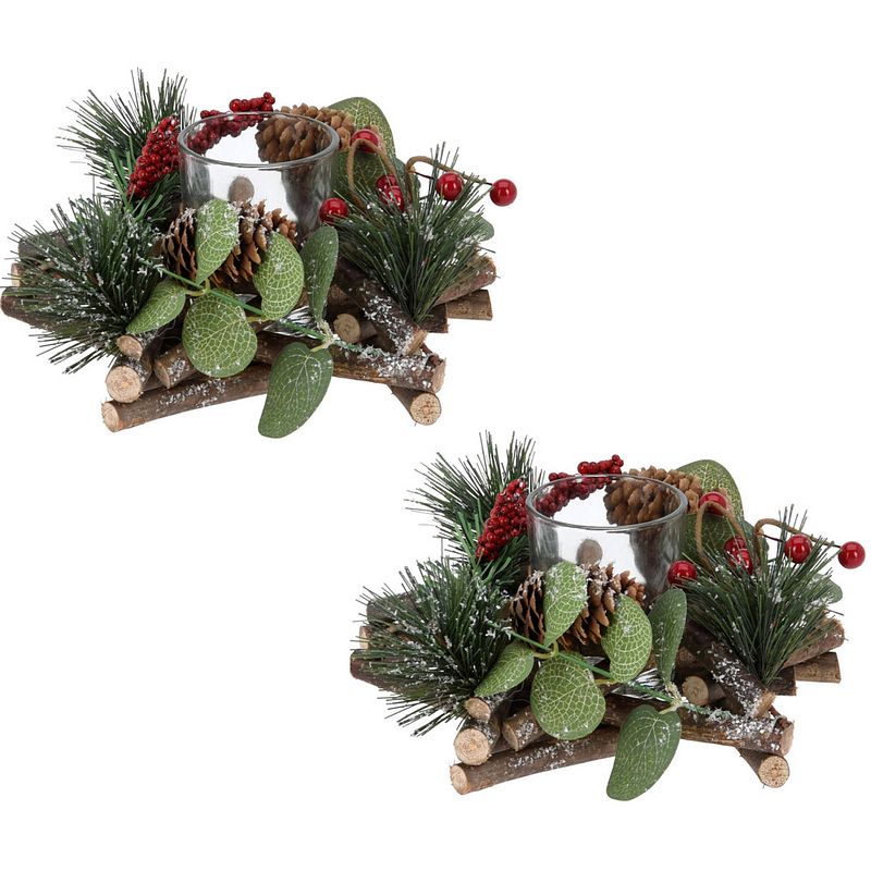 Foto van Set van 2x stuks kerststukjes stervorm met theelichthouder en decoratie 17 x 8 cm tafeldecoratie - kerststukjes