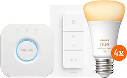 Foto van Philips hue white ambiance starter pack e27 met 4 lampen, dimmer + bridge