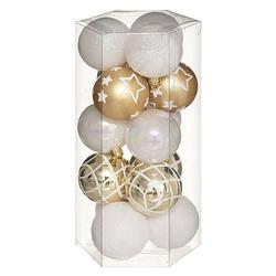 Foto van 15x stuks kerstballen mix wit/goud gedecoreerd kunststof 5 cm - kerstbal