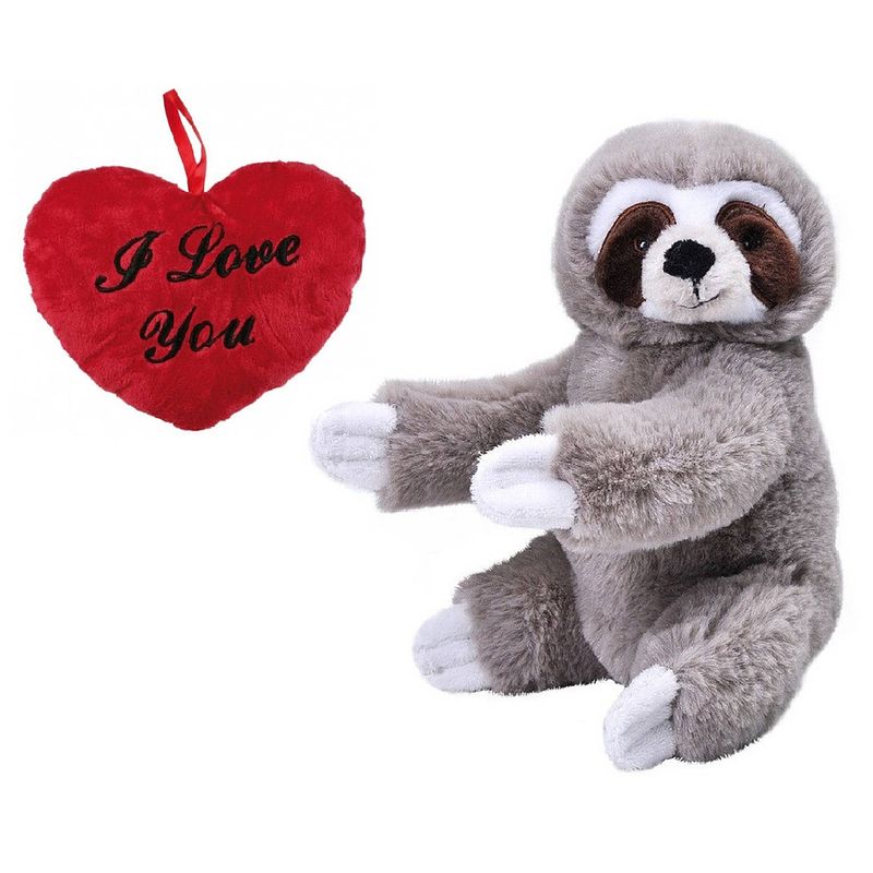 Foto van Valentijn love cadeau set - knuffel luiaard met rood love you hartje 10 cm - knuffeldier