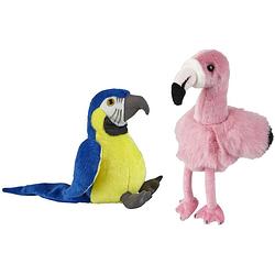 Foto van Knuffeldieren set papegaai en flamingo pluche knuffels 18 cm - vogel knuffels