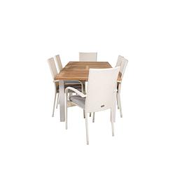 Foto van Panama tuinmeubelset tafel 90x152/210cm en 6 stoel anna wit, naturel.