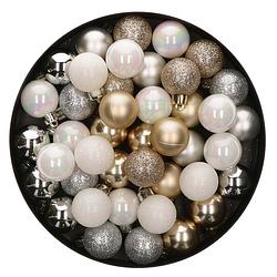 Foto van 48x stuks kunststof kerstballen mix champagne beige/zilver/wit 4 cm - kerstbal