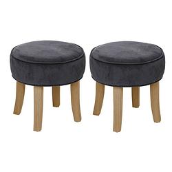 Foto van Zit krukje/bijzet stoel - 2x - hout/stof - grijs fluweel - d35 x h40 cm - krukjes