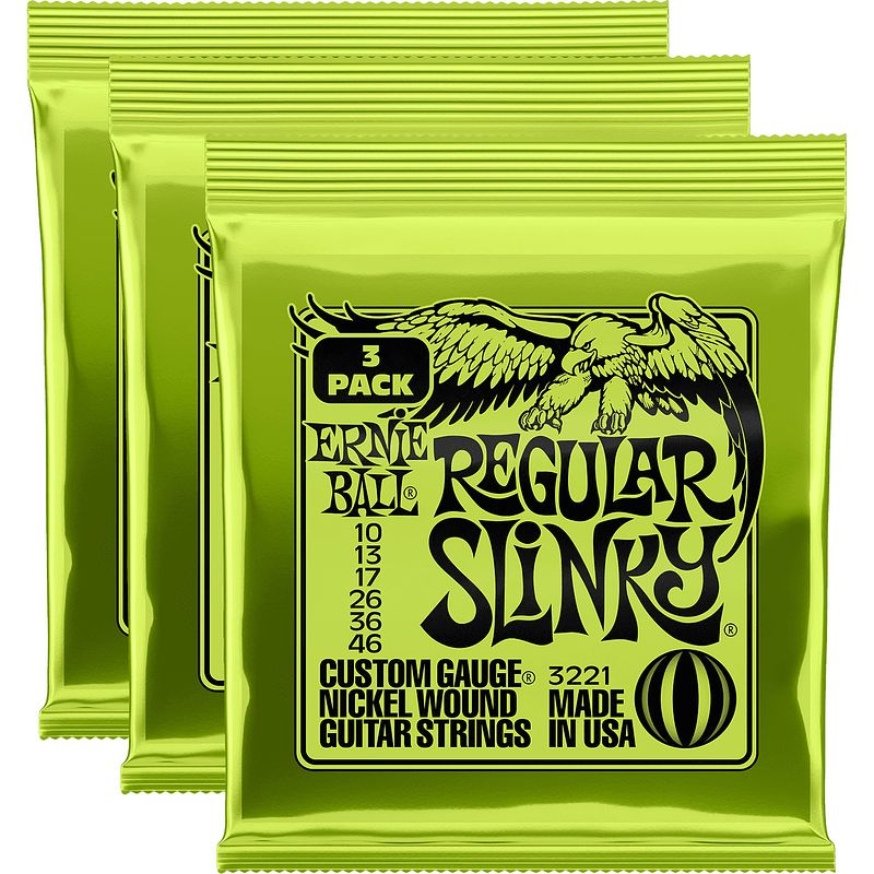 Foto van Ernie ball 3221 regular slinky nickel wound 3 pack 010 - 046