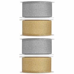 Foto van 4x hobby/decoratie zilver en gouden sierlinten met glitters 3 cm/30 mm x 5 meter - cadeaulinten