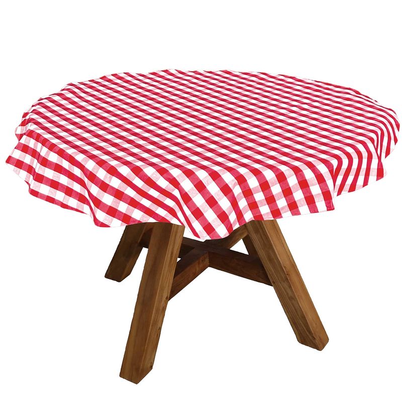 Foto van Rond tafelkleed voor buiten damastkatoen met acryl coating - rood geblokt - ø 150 cm