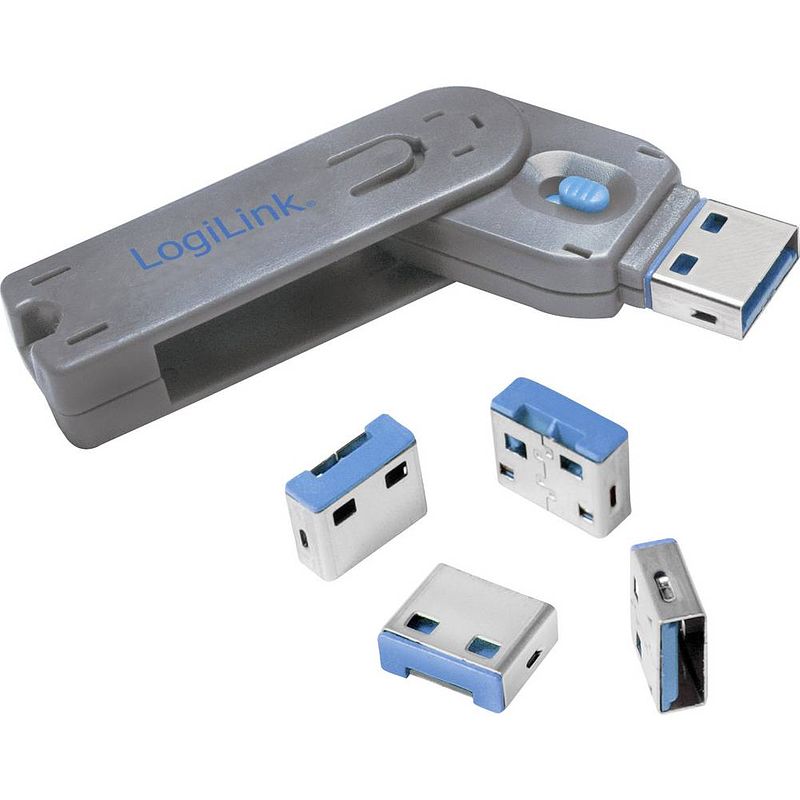 Foto van Logilink usb port lock, 1 key + 4 locks usb-poortslot set van 4 stuks zilver, blauw incl. 1 sleutel