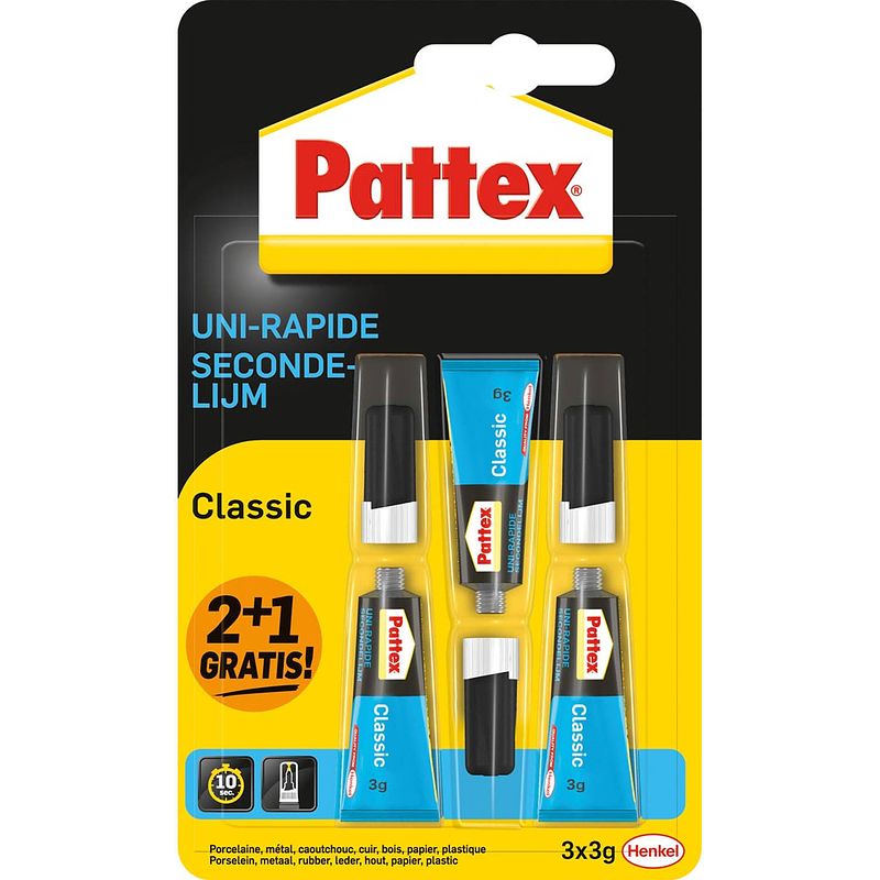 Foto van Pattex classic secondelijm, 3 g, 2 + 1 gratis, op blister 12 stuks