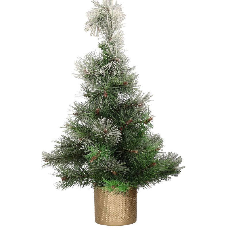 Foto van Besneeuwde kunstboom/kunst kerstboom 60 cm met gouden pot - kunstkerstboom