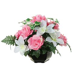 Foto van Louis maes kunstbloemen plantje in pot - kleuren roze/wit - 25 cm - bloemstuk ornament - orchidee/rozen met bladgroen -