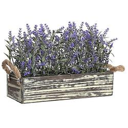 Foto van Items lavendel bloemen kunstplant in bloembak - donkerpaarse bloemen - 30 x 12 x 21 cm - bloemstukje - kunstplanten