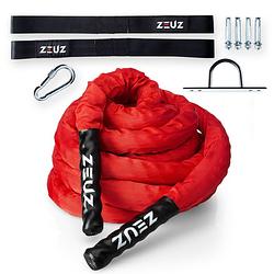 Foto van Zeuz® 9 meter battle rope inclusief bevestigingsmateriaal - training touw - fitness & crossfit - thuis trainen - rood