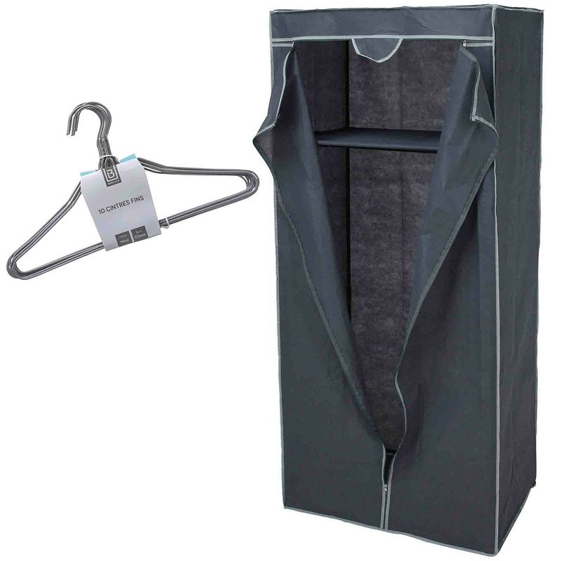Foto van Set van mobiele kledingkast met kledinghangers - opvouwbaar - grijs - campingkledingkasten