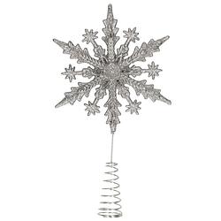 Foto van Kunststof kerstboom 3d sneeuwvlok piek glitter zilver 20 cm - kerstboompieken