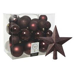 Foto van Kerstballen set 26x stuks kerstballen en ster piek mahonie bruin kunststof - kerstbal