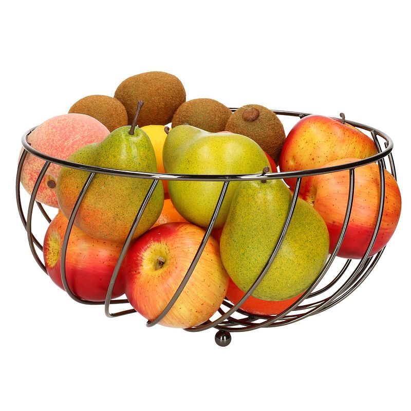 Foto van Metalen fruitmand/fruitschaal zwart rond 28 x 14 cm - fruitschalen