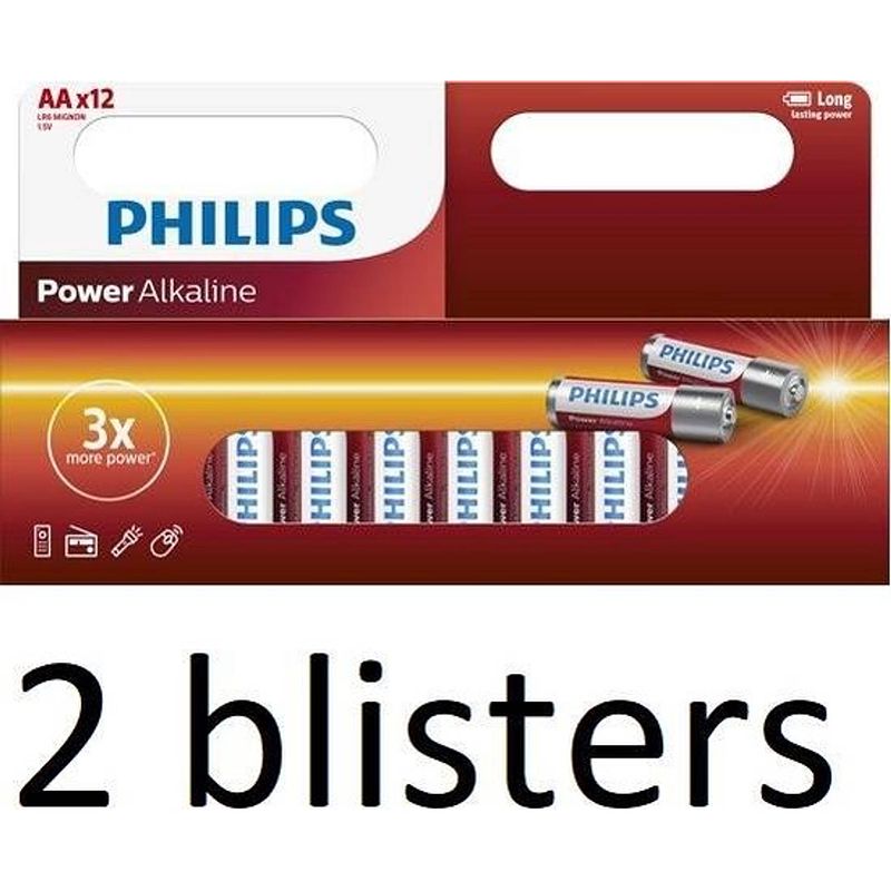 Foto van 24 stuks (2 blisters a 12 st) philips aa alkaline batterijen