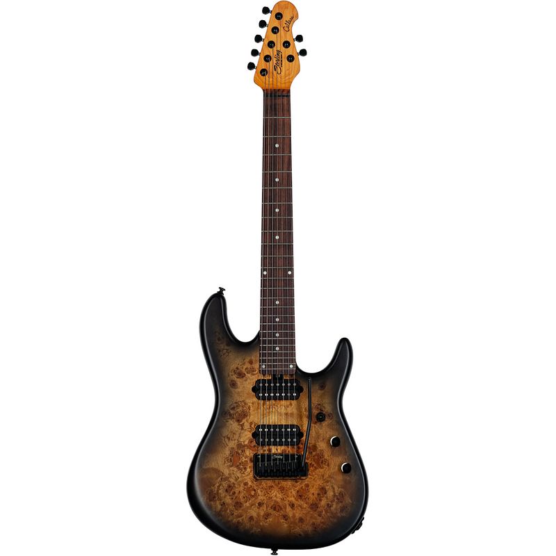 Foto van Sterling by music man jason richardson cutlass 7 natural poplar burl burst 7-snarige elektrische gitaar met deluxe gigbag