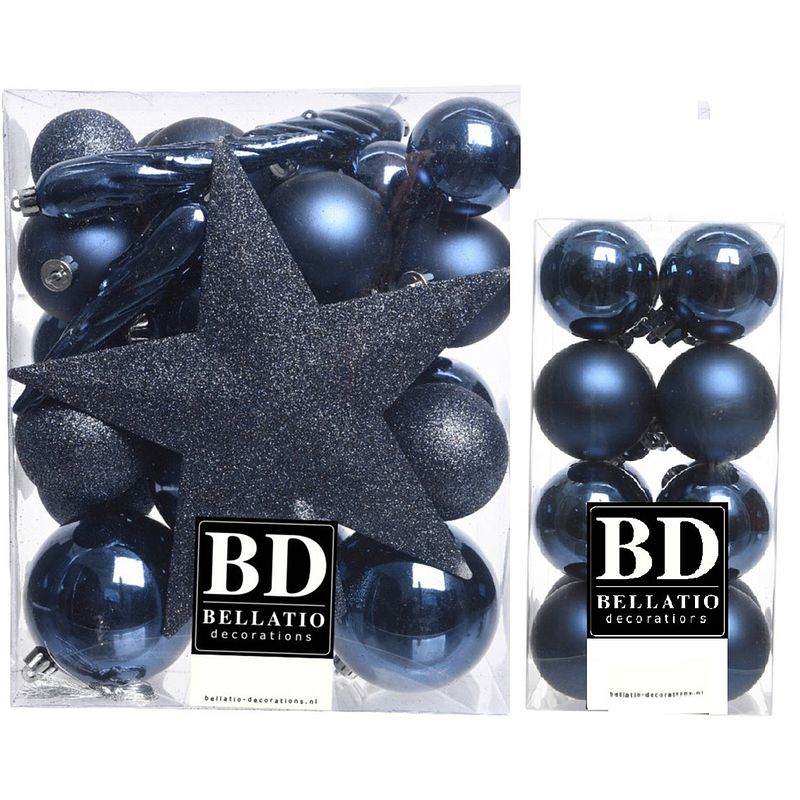 Foto van 49x stuks kunststof kerstballen met ster piek donkerblauw mix - kerstbal