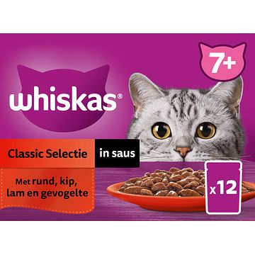 Foto van Whiskas 7+ natvoer classic selectie in saus maaltijdzakjes 12 x 85g bij jumbo