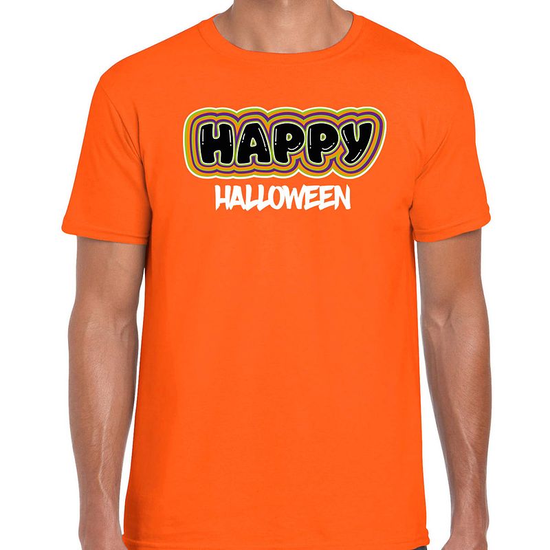 Foto van Bellatio decorations halloween verkleed t-shirt heren - happy halloween - oranje - themafeest outfit m - feestshirts