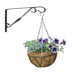 Foto van Hanging basket 30 cm met klassieke muurhaak donkergroen en kokos inlegvel - metaal - hangmand set - plantenbakken