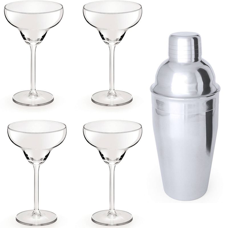 Foto van 4x cocktailglazen / margarita glazen transparant 300 ml + cocktailshaker semi-matte 550 ml rvs - cocktailglazen