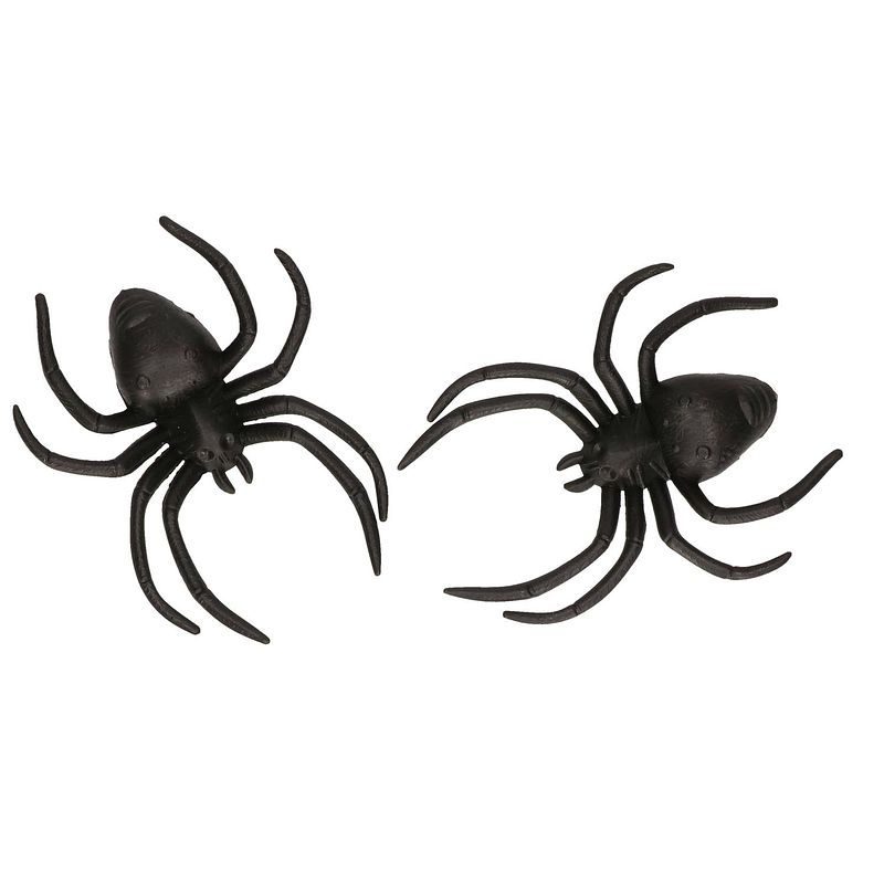 Foto van Fiestas nep spinnen/spinnetjes 12 cm - zwart - 2x stuks - horror/griezel thema decoratie beestjes - feestdecoratievoorwe
