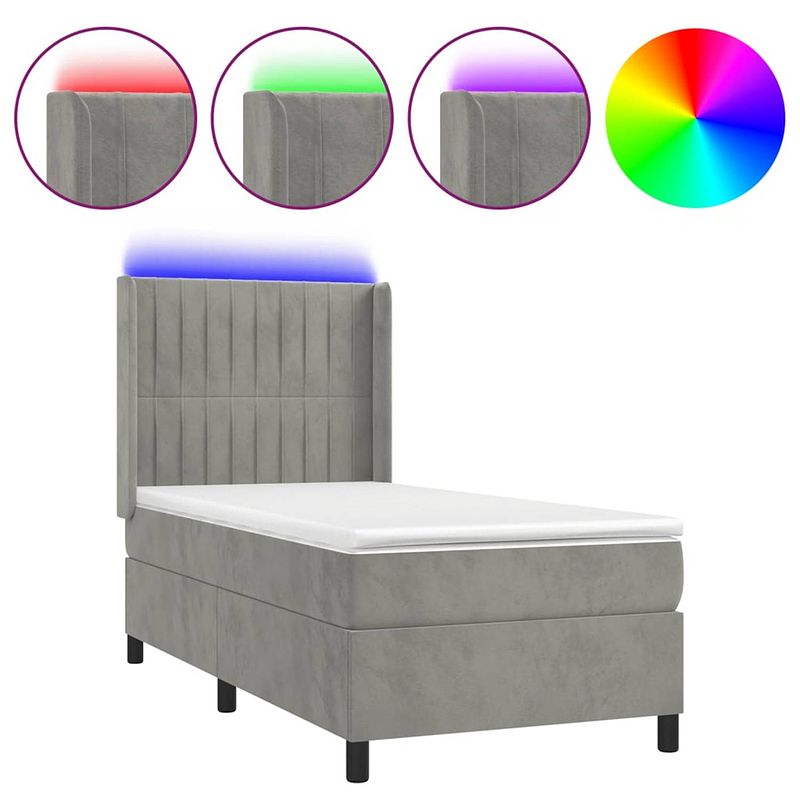 Foto van The living store boxspring bed - lichtgrijs fluweel - 90x200 cm - led