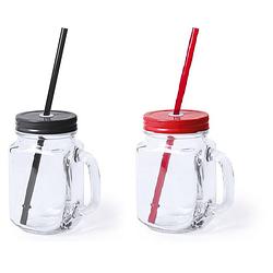 Foto van Set van 4x glazen drinkbekers dop/rietje 500 ml zwart/rood - drinkbekers