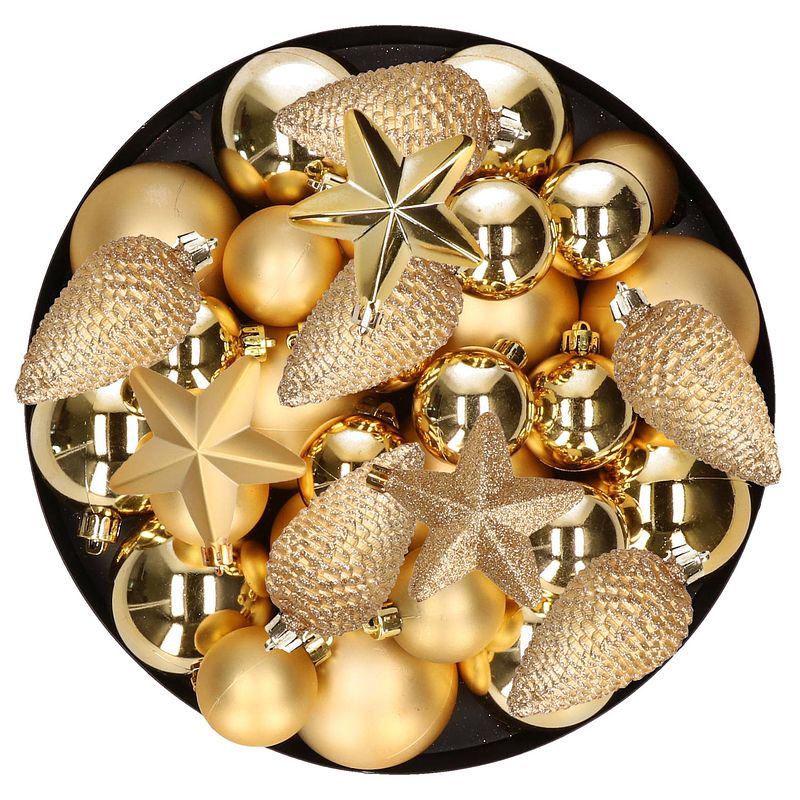 Foto van Kerstversiering kunststof kerstballen goud 6-8-10 cm pakket van 62x stuks - kerstbal