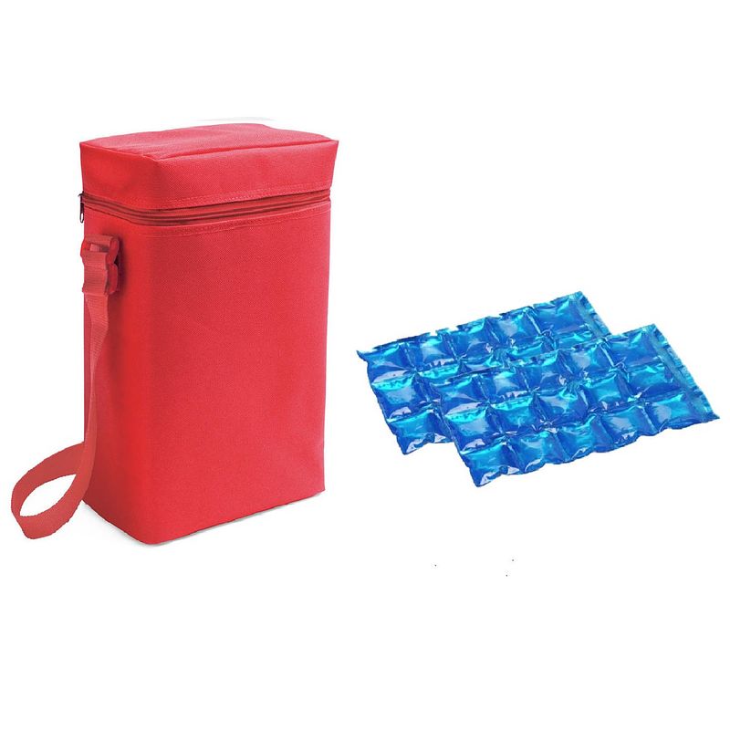 Foto van Kleine koeltas voor flessen rood met 2 stuks flexibele koelelementen 6 liter - koeltas