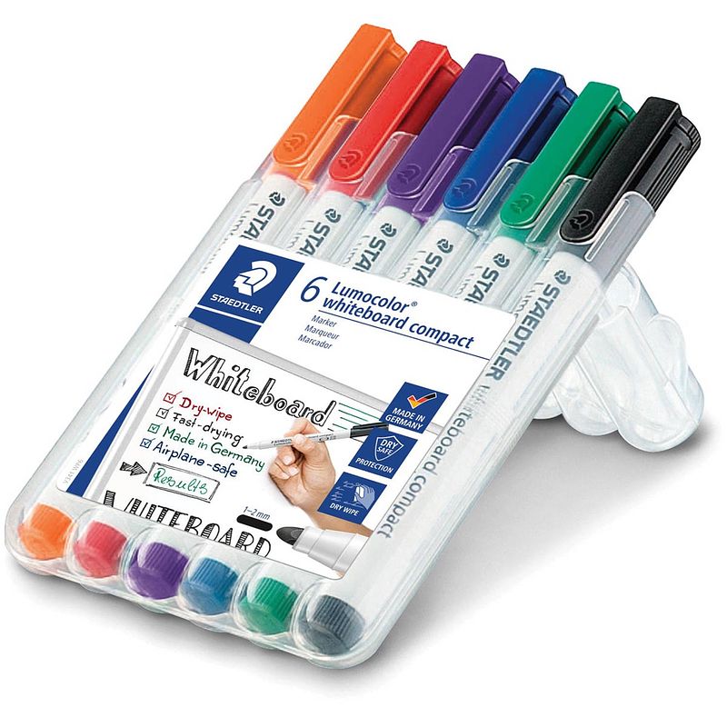 Foto van Staedtler whiteboardmarker lumocolor compact, opstelbare box met 6 stuks in geassorteerde kleuren 10 stuks