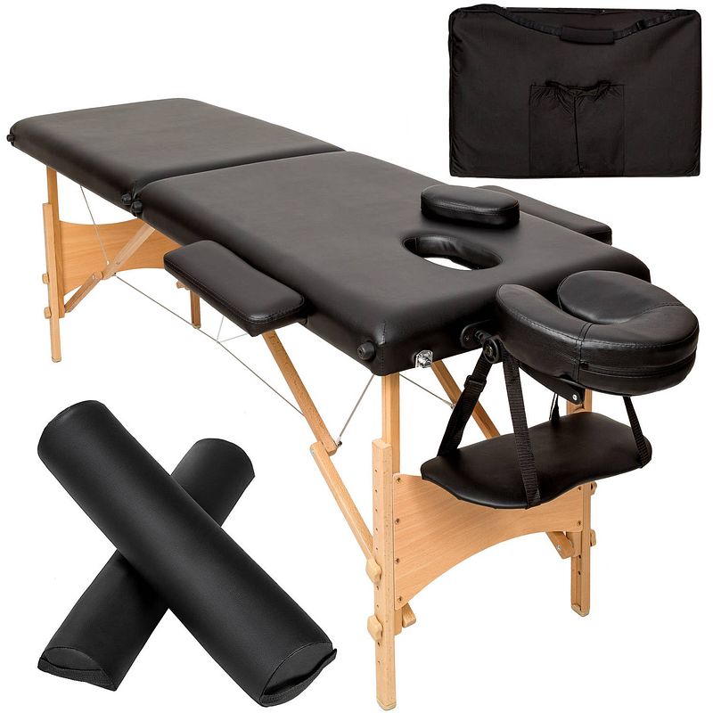 Foto van Tectake® - 2 zones massagetafel-set met 5cm matras, rolkussens en houten frame - zwart - 404745