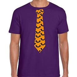 Foto van Halloween thema verkleed feest stropdas t-shirt vleermuizen paars heren s - feestshirts