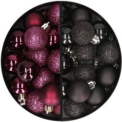 Foto van 34x stuks kunststof kerstballen aubergine paars en zwart 3 cm - kerstbal