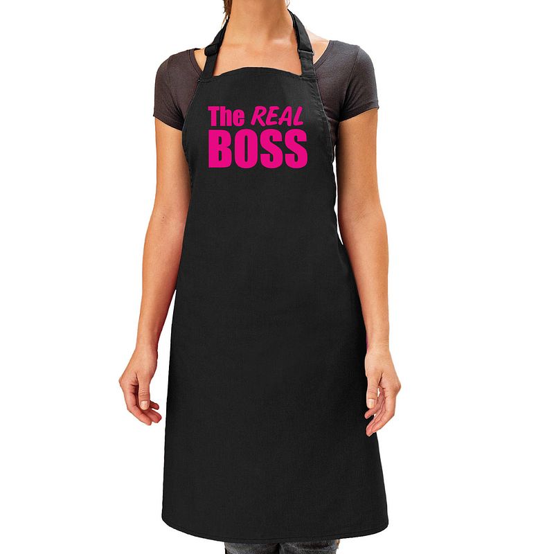 Foto van The real boss cadeau schort zwart/roze voor dames - feestschorten