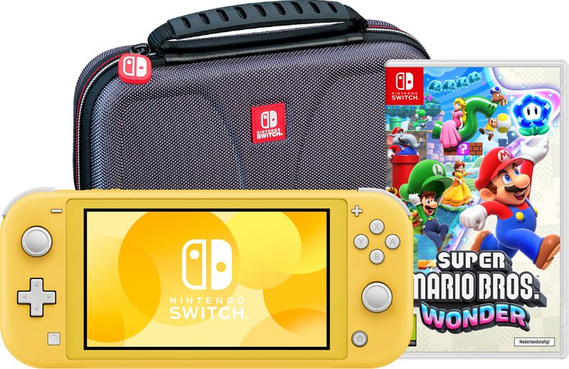 Foto van Nintendo switch lite geel + super mario bros. wonder + beschermhoes