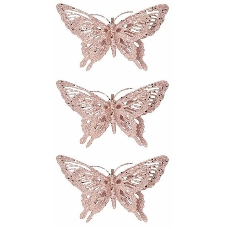 Foto van 3x kerst decoratie vlinder roze 15 x 11 cm - kersthangers