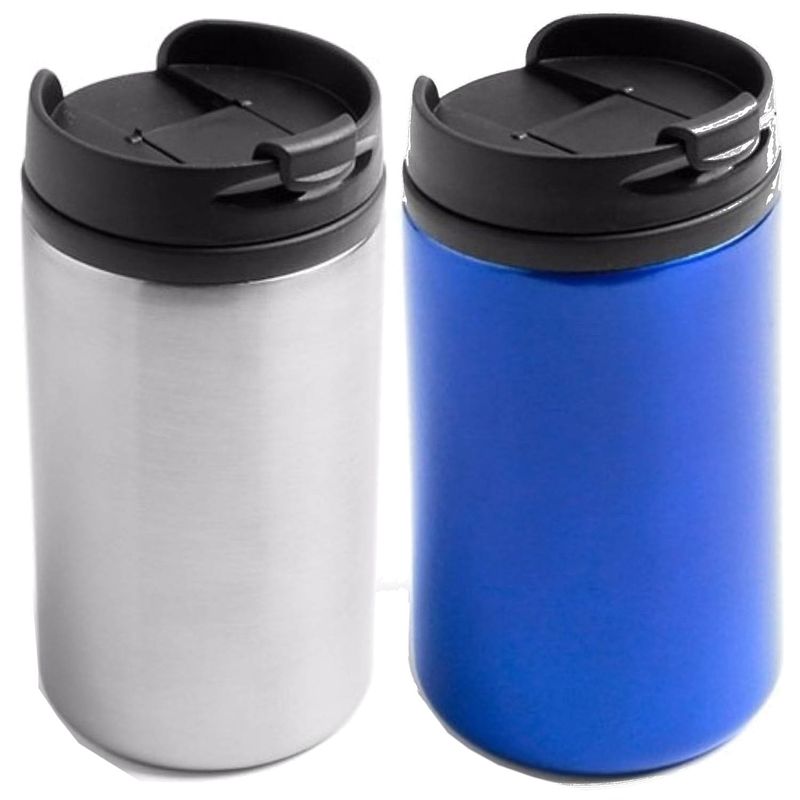 Foto van Set van 2x stuks warmhoudbekers/warm houd bekers metallic grijs en blauw 320 ml - thermosbeker