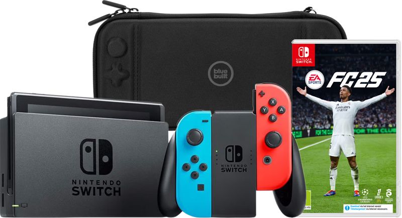 Foto van Nintendo switch rood/blauw + ea sports fc 25 + bluebuilt beschermhoes