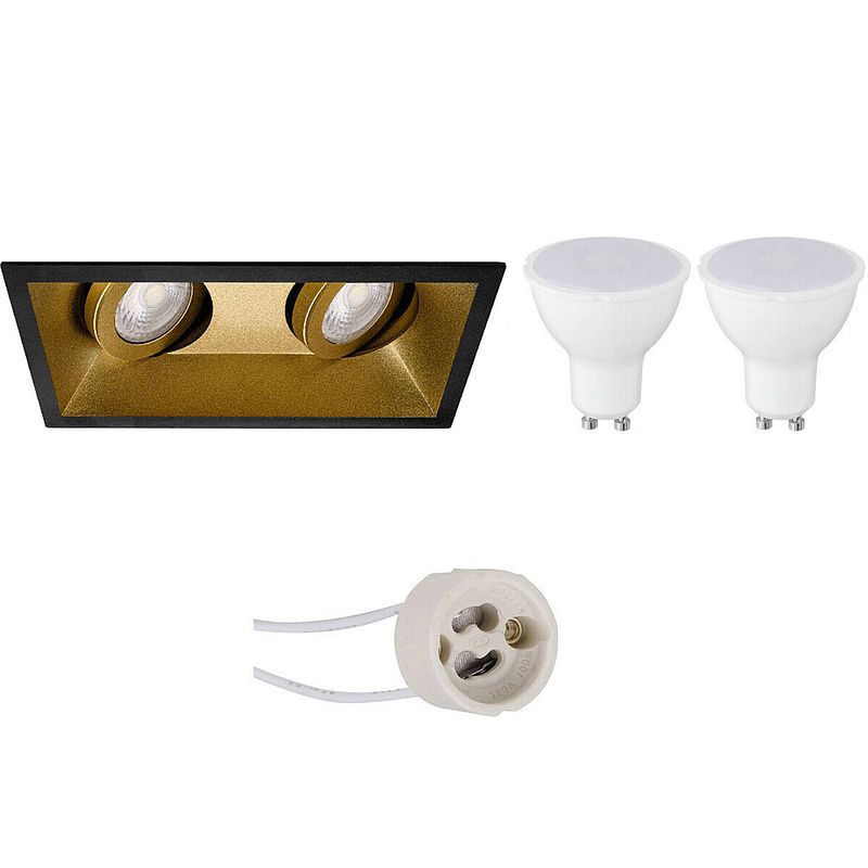 Foto van Led spot set - pragmi zano pro - gu10 fitting - inbouw rechthoek dubbel - mat zwart/goud - 4w - natuurlijk wit 4200k -