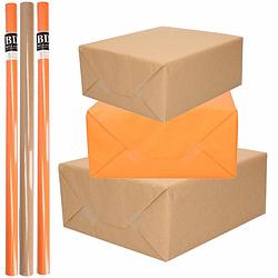 Foto van 6x rollen kraft inpakpapier/kaftpapier pakket bruin/oranje 200 x 70 cm - cadeaupapier