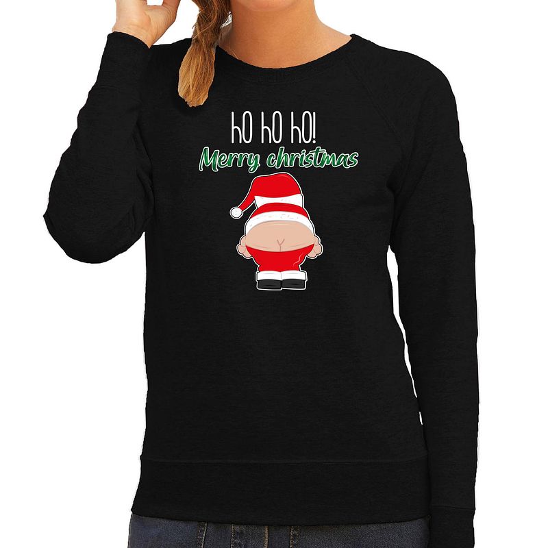 Foto van Bellatio decorations foute kersttrui/sweater dames - kerstman - zwart - merry christmas xs - kerst truien