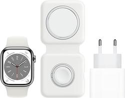 Foto van Apple watch series 8 4g 45mm zilver rvs witte sportband + magsafe oplaadpakket