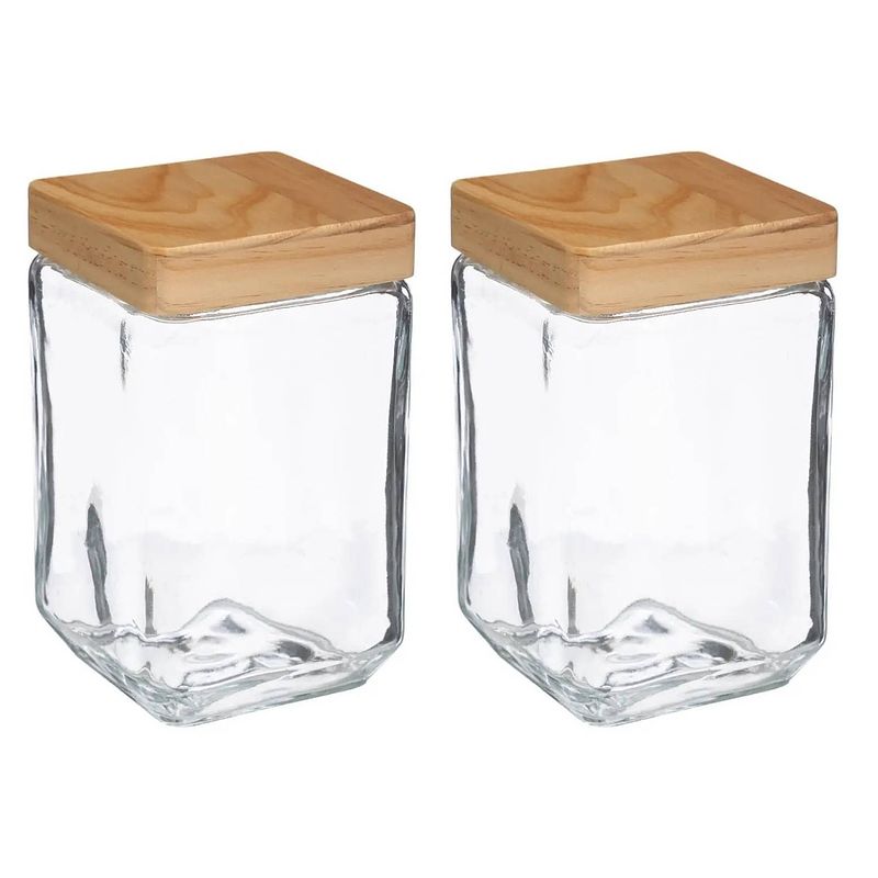 Foto van 2x stuks voorraadbussen/voorraadpotten 1,25l glas met houten deksel - voorraadpot