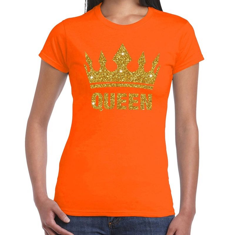 Foto van Oranje koningsdag queen shirt met gouden glitter kroon dames - oranje koningsdag kleding l