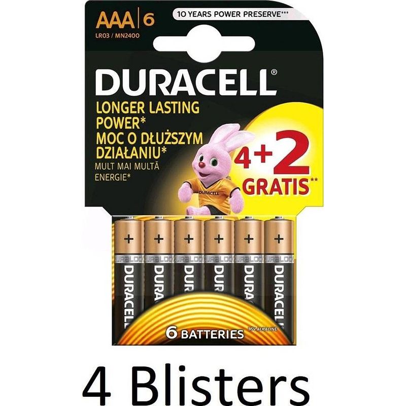 Foto van 24 stuks (4 blisters a 6 st) duracell batterijen aaa